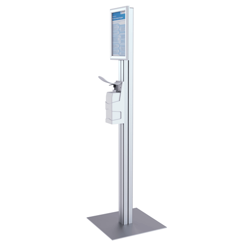 Freestanding sanitiser dispenser with A4 snap frame